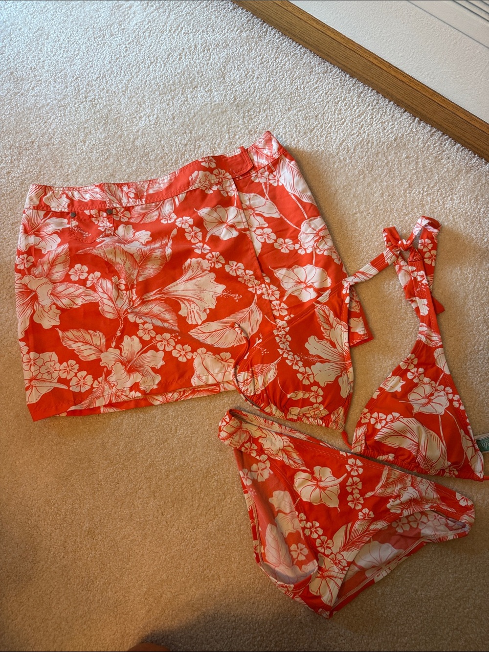 Tommy Bahama Coral and White Floral Swim Set with Skirt